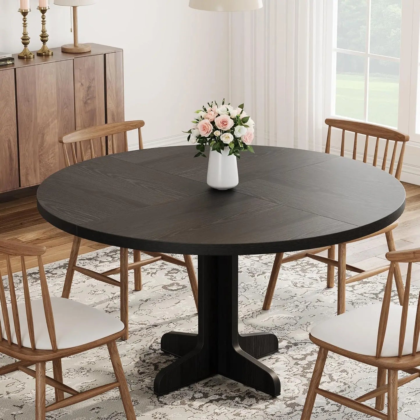 Studyset Farmhouse Round Dining Table With Wood Top And Stable Base