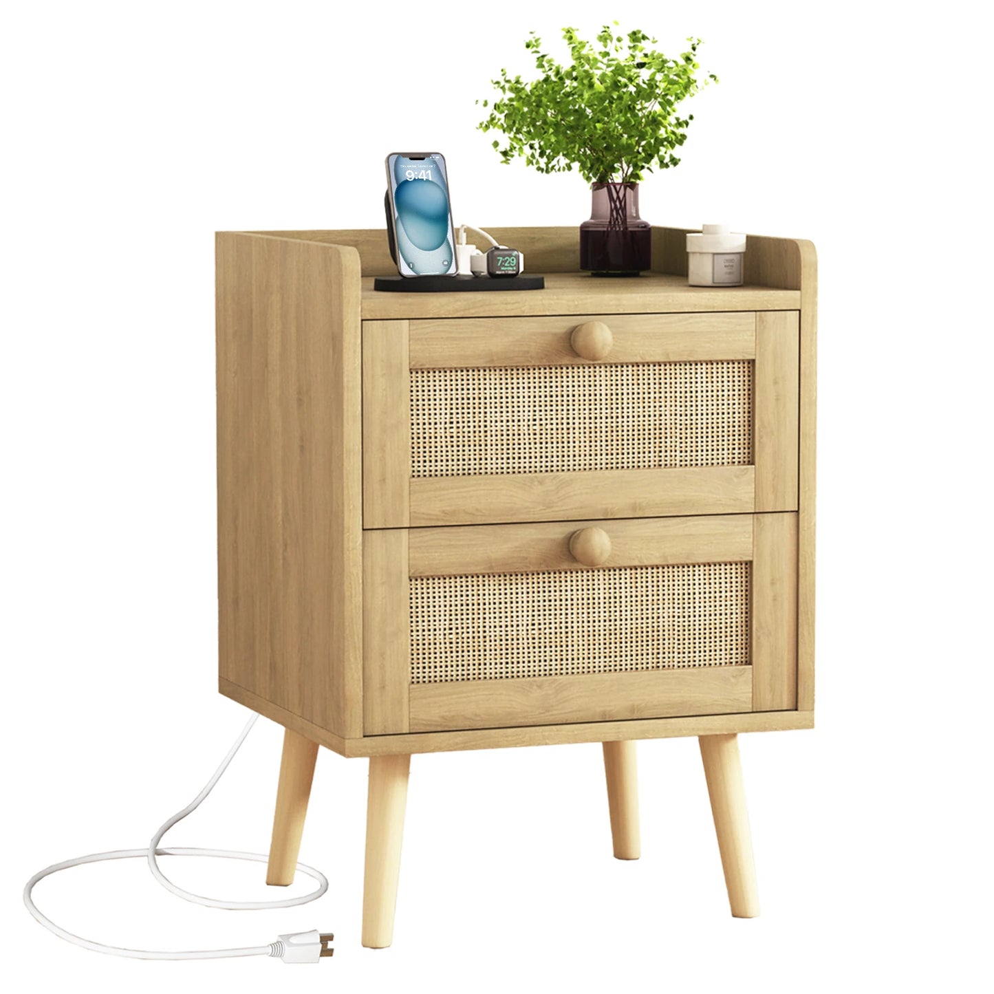 Rattan Nightstand With Charging Station And 2 Drawers, Rustic Bedside Table