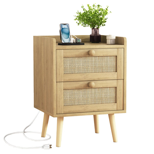 Rattan Nightstand With Charging Station And 2 Drawers, Rustic Bedside Table