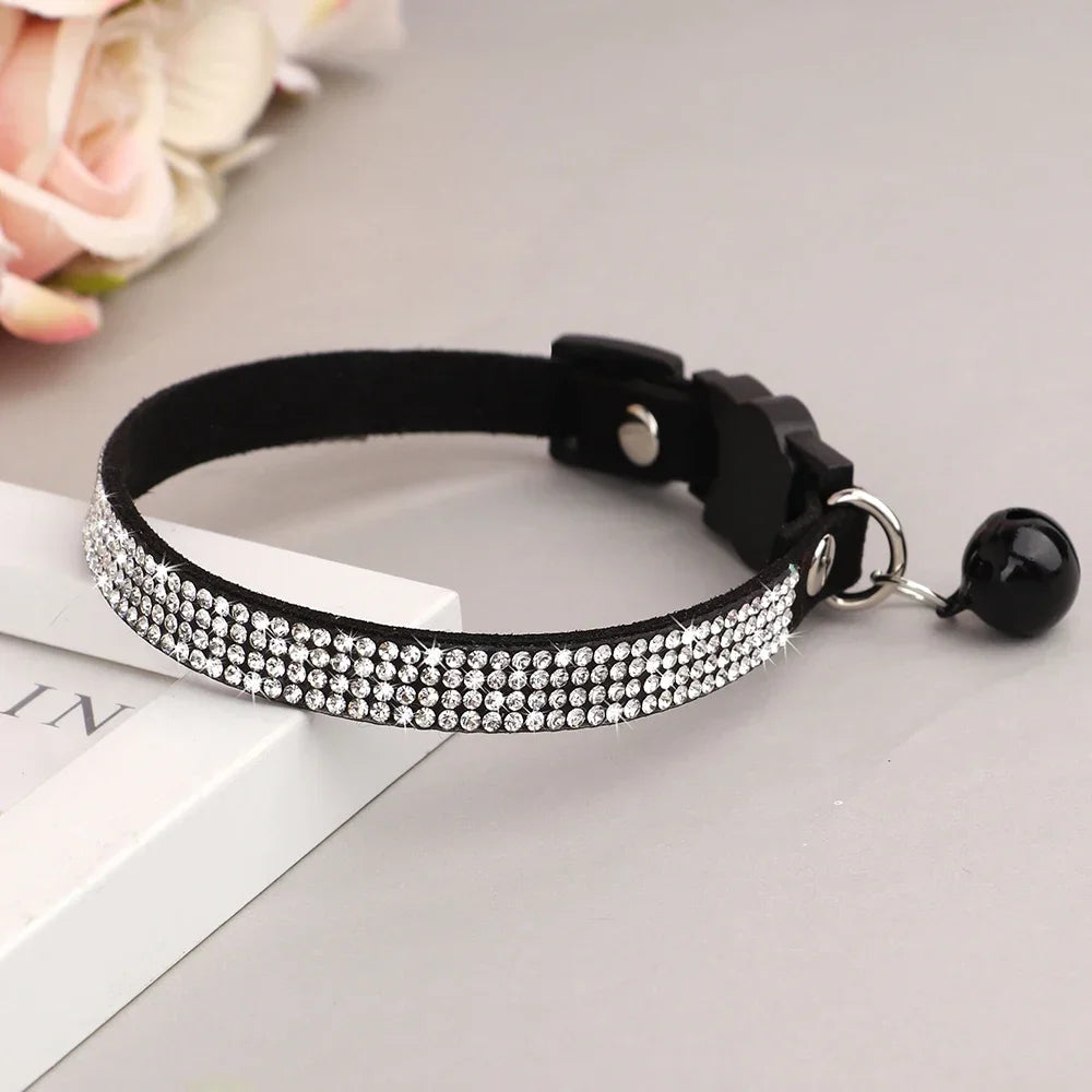 Soft Suede Cat Collar With Rhinestones And Bell Breakaway Adjustable