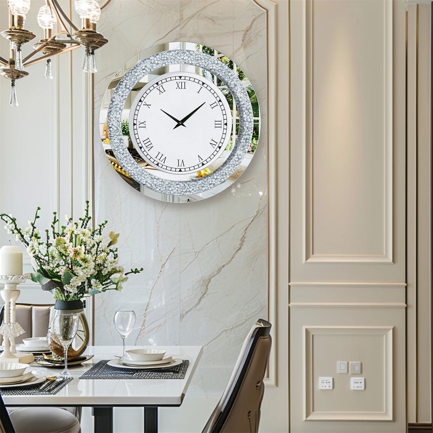Round Mirror Clock With Crystal Sparkle Wall Decor