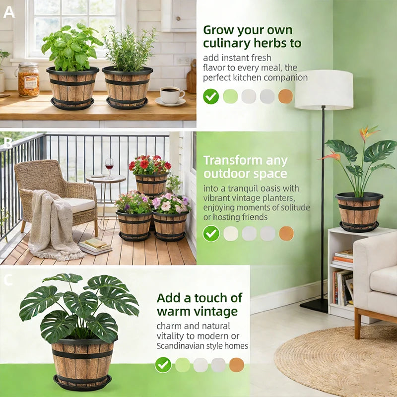 Indoor Resin Barrel Planter for Balcony and Home Office