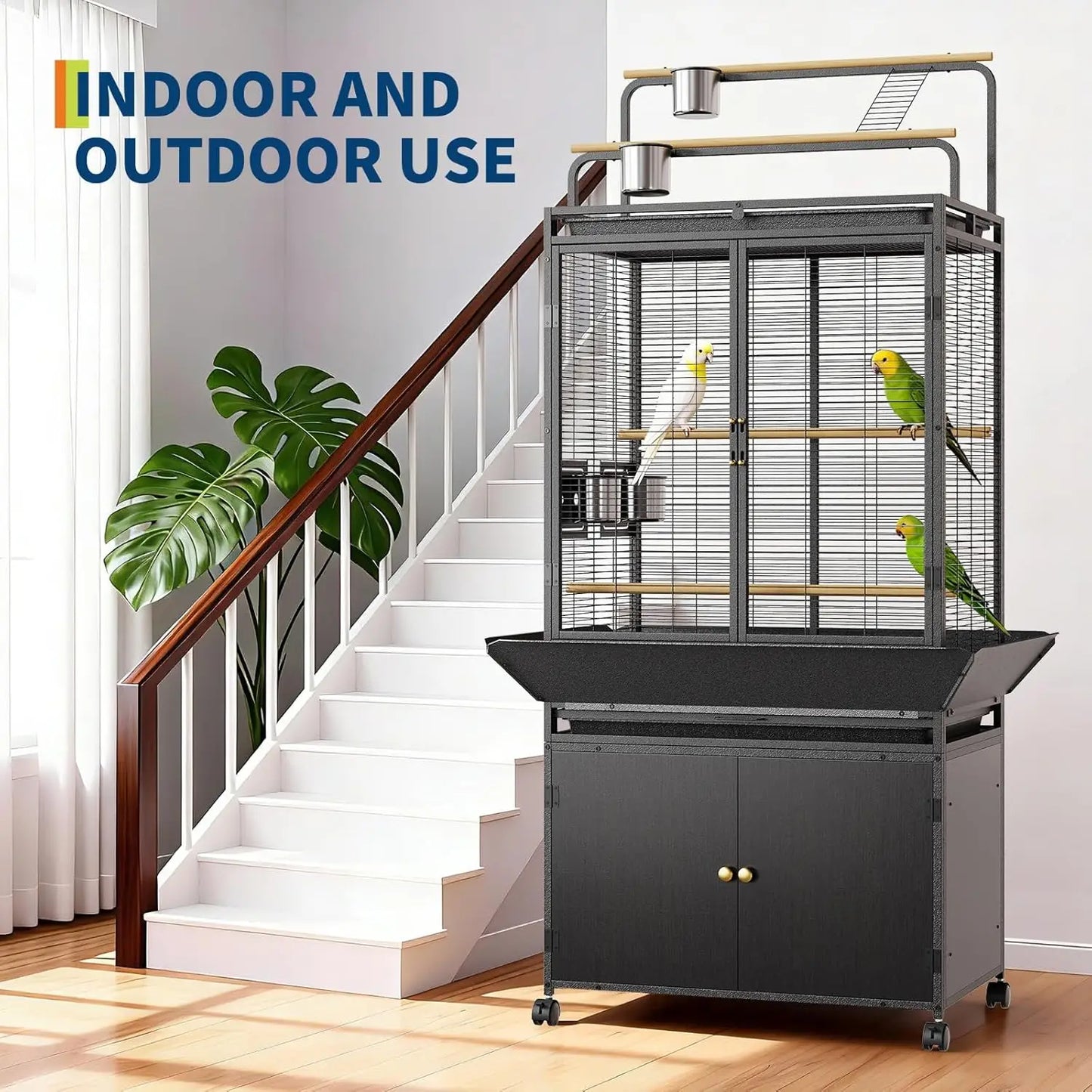 HiMISS Large Bird Cage With Rolling Stand And Storage