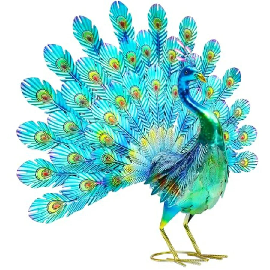 Metal Peacock Garden Statue With Tail Spread Handmade 3D Textured