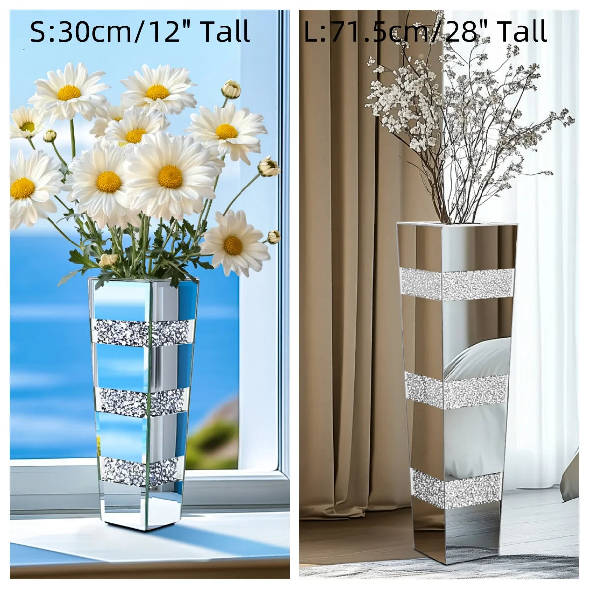 Modern Floor Crystal Glass Mirrored Flower Vase Decorative Standing