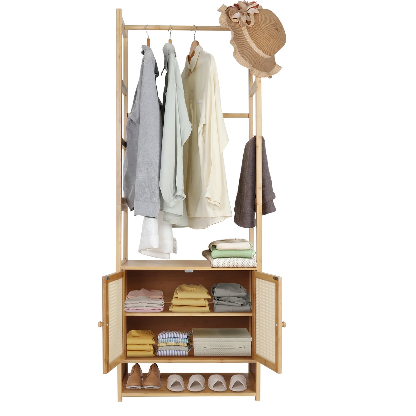 NONEDrawer Bamboo Clothes Rack With Cabinet And Shelves
