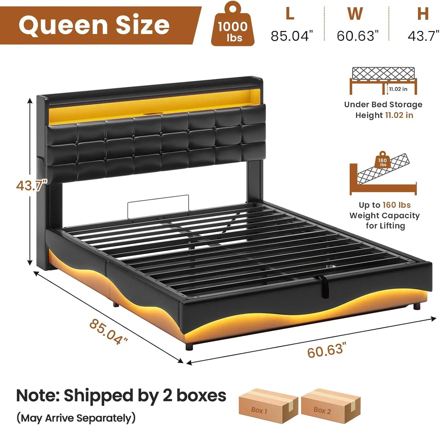 Lift Up Storage Bed Frame With Hidden Headboard Type-C Charging