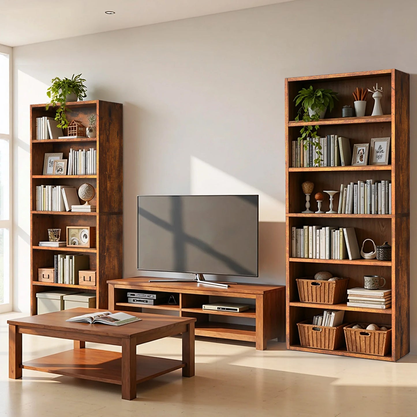 MCQ 6 Shelf Wooden Bookcase With Open Display And Storage