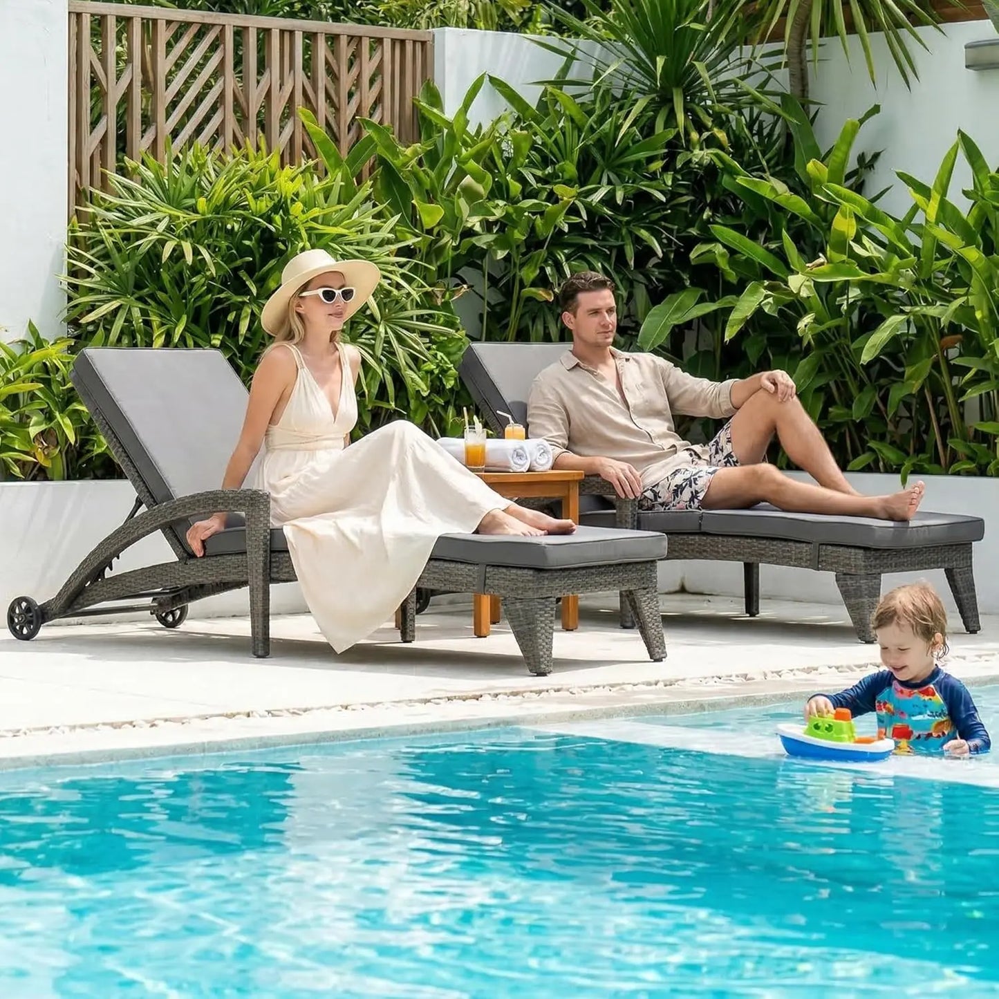 Four Position Adjustable Chaise Lounge Set With Wicker Chairs