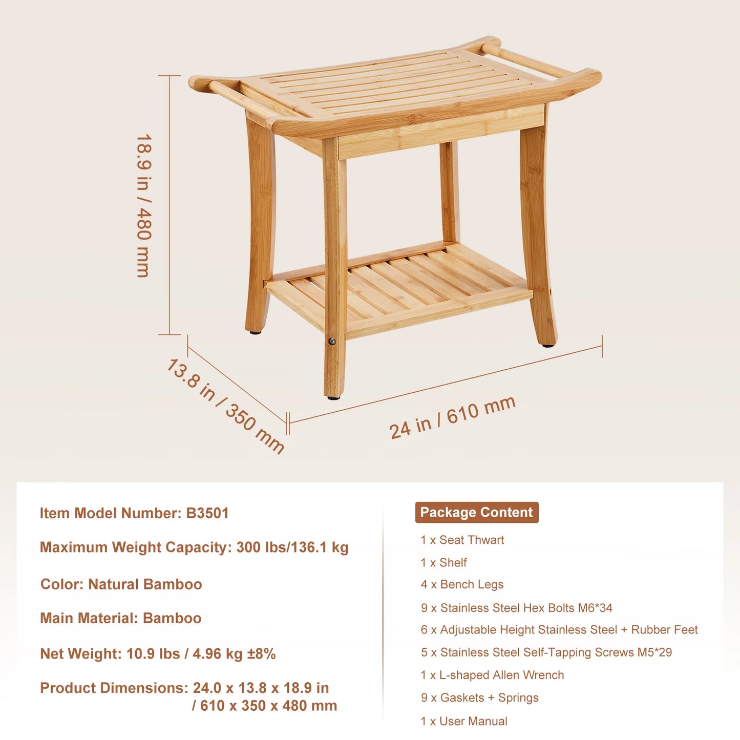 SucceBuy Bamboo Shower Bench With Storage Shelf 330lbs Capacity