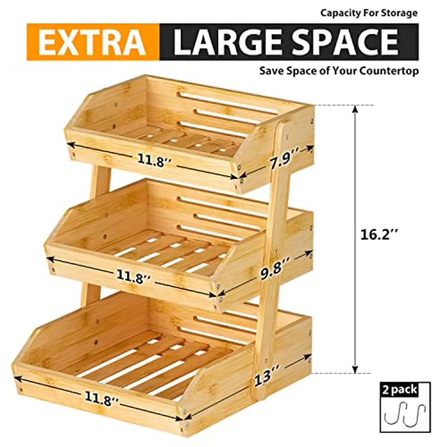 Bamboo 3-Tier Fruit Basket With Banana Hangers For Kitchen