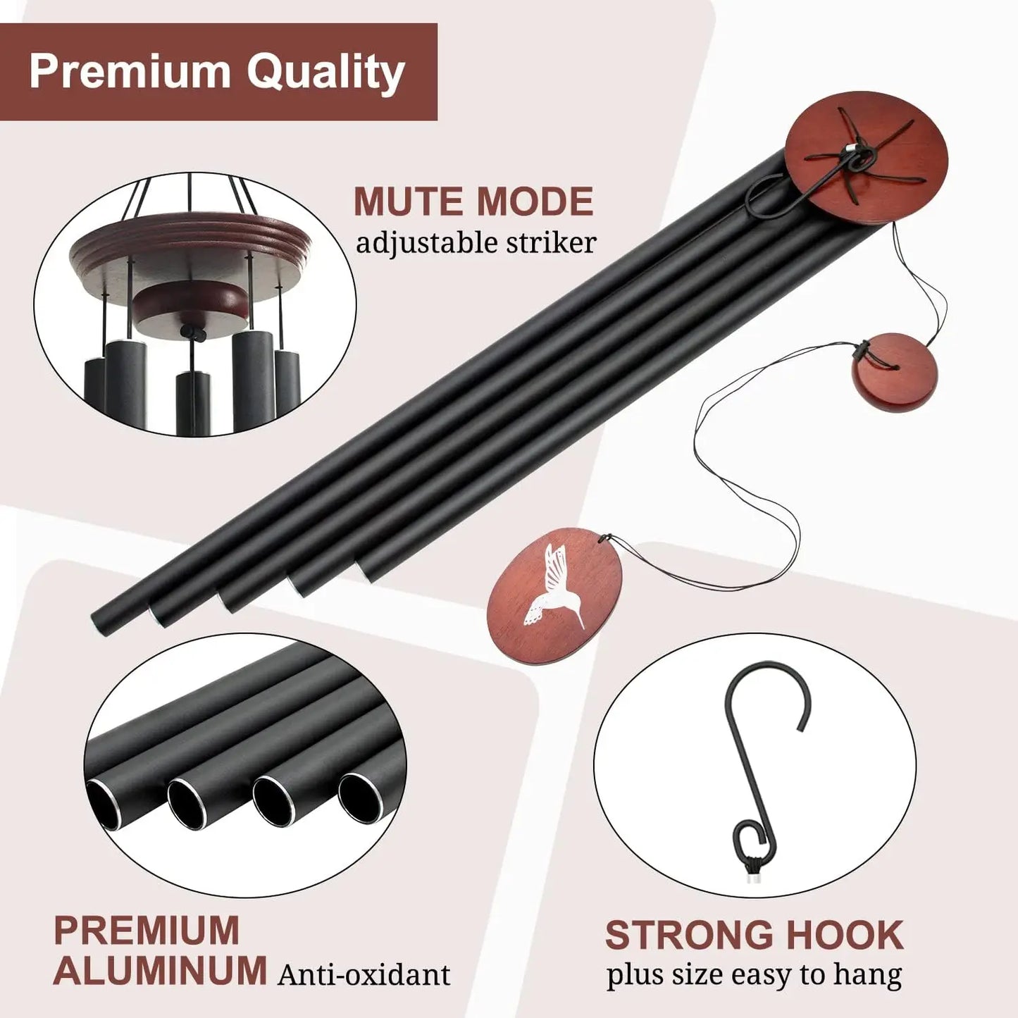 Outdoor Wind Chimes Deep Tones With Five Tuned Aluminum Tubes