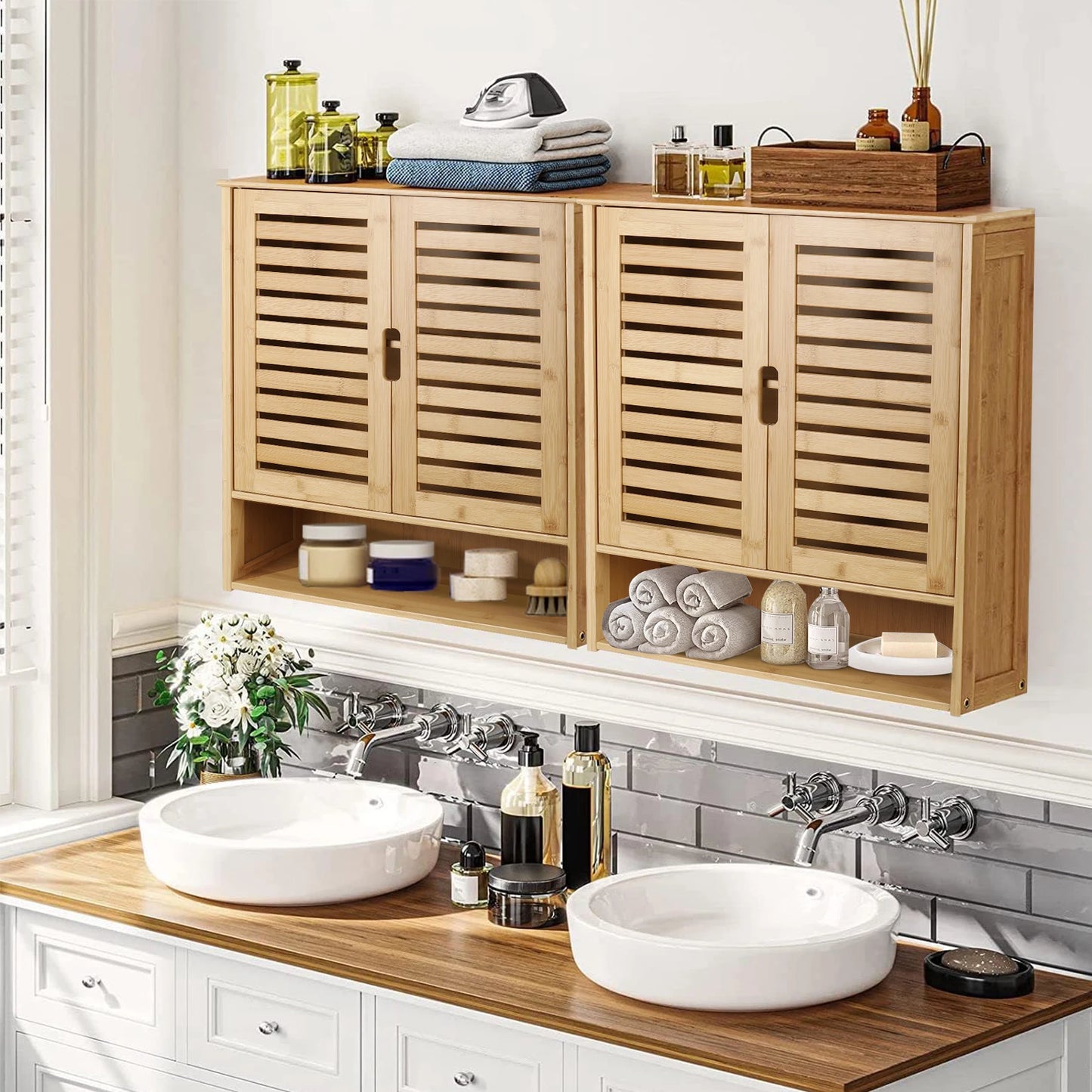 Wisfor Wall Mounted Bamboo Bathroom Cabinet Storage Shelf Medicine Cupboard