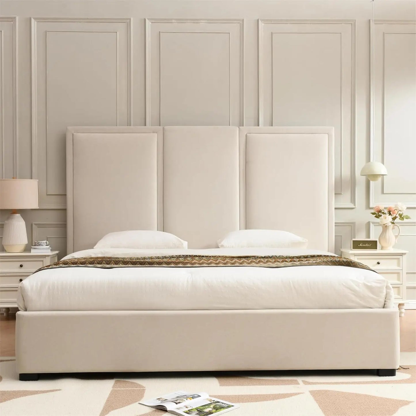 Upholstered Platform Bed With Tall Headboard And Wood Slats