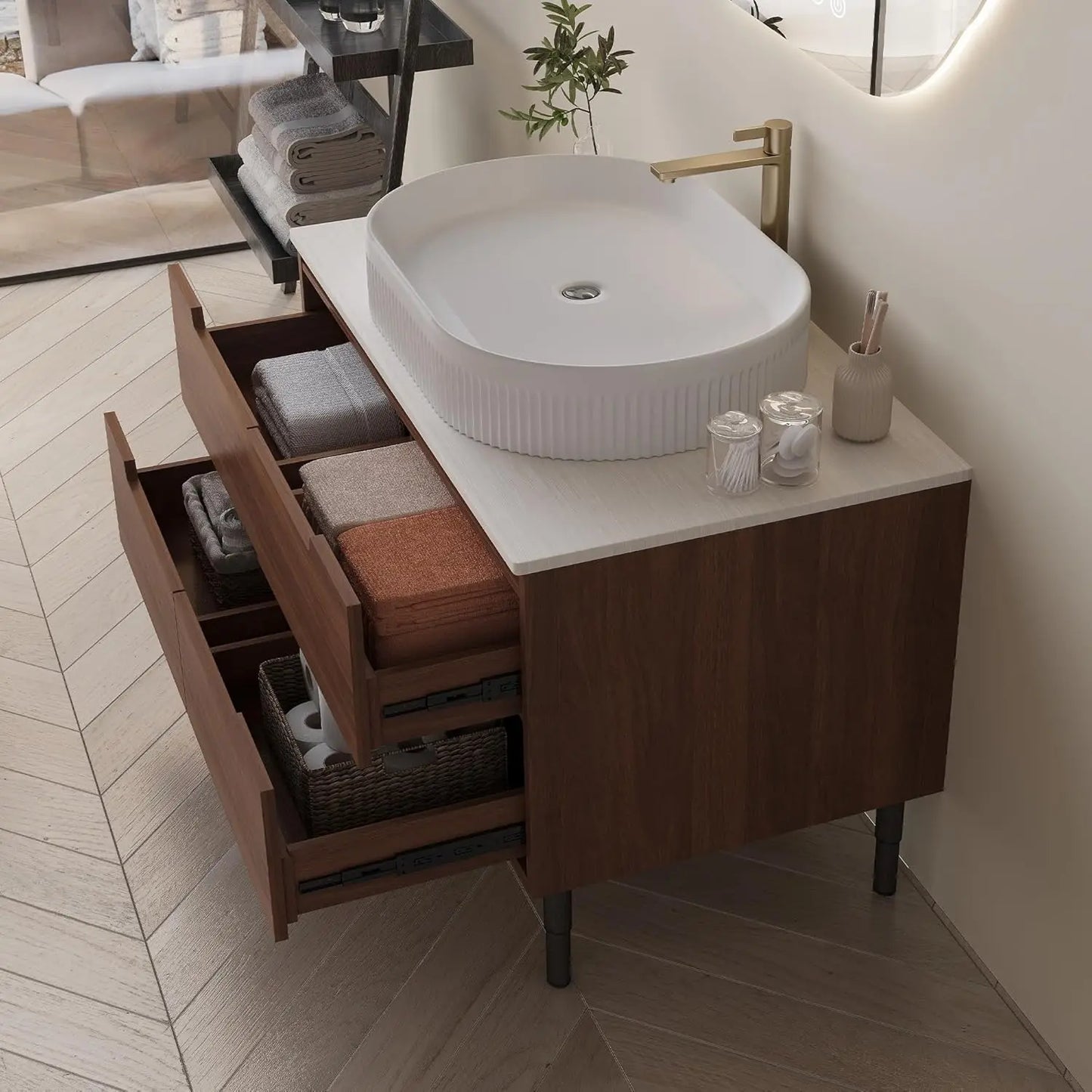 Custom Modern Freestanding Bathroom Vanity With Sink And Oval Vessel