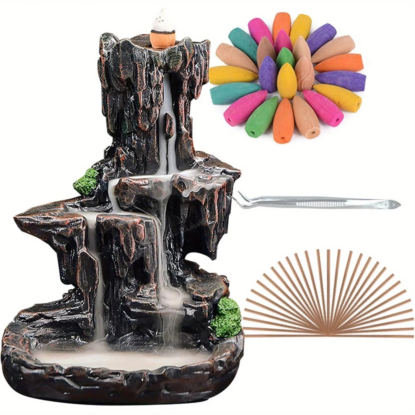 Waterfall Monk Incense Burner Mountain Tower for Home Office Yoga Aromatherapy