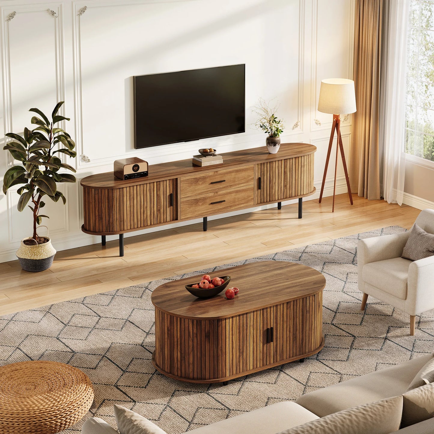 Tribesigns Mid Century Modern TV Stand With Sliding Tambour Door