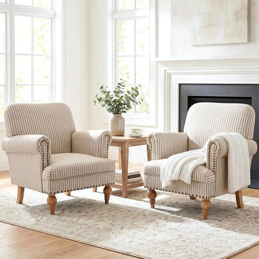 Striped Linen Accent Chairs Set of 2 Modern Farmhouse Upholstered Armchairs