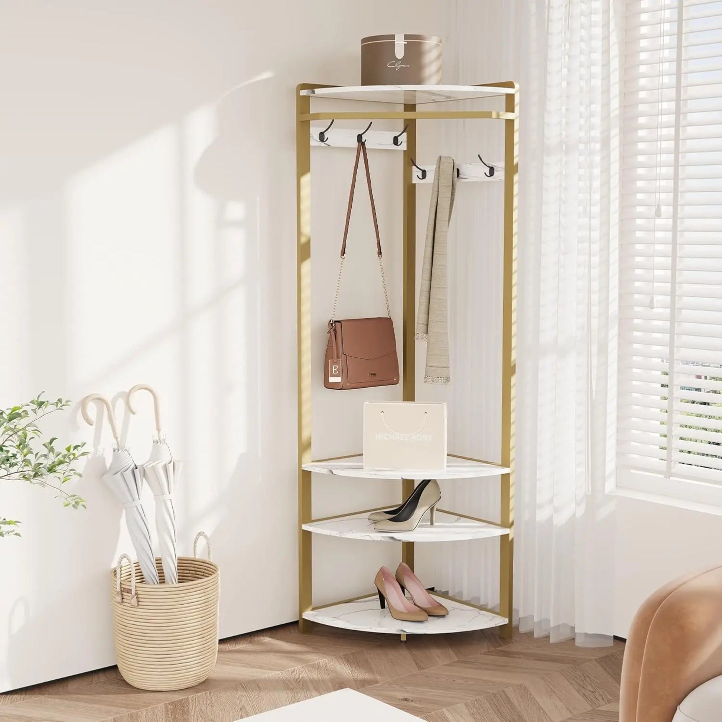 HiMISS Corner Coat Rack Stand Hall Tree With 6 Hooks