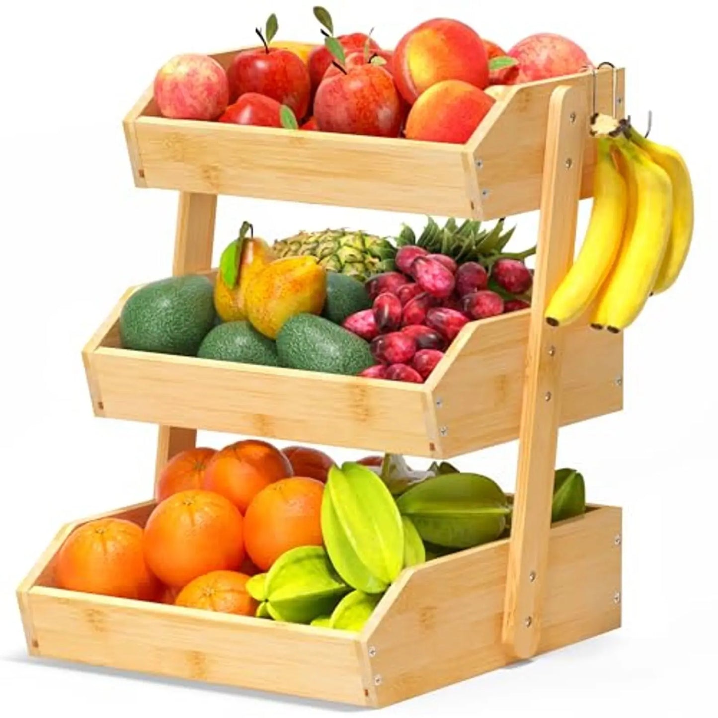 Bamboo 3-Tier Fruit Basket With Banana Hangers For Kitchen