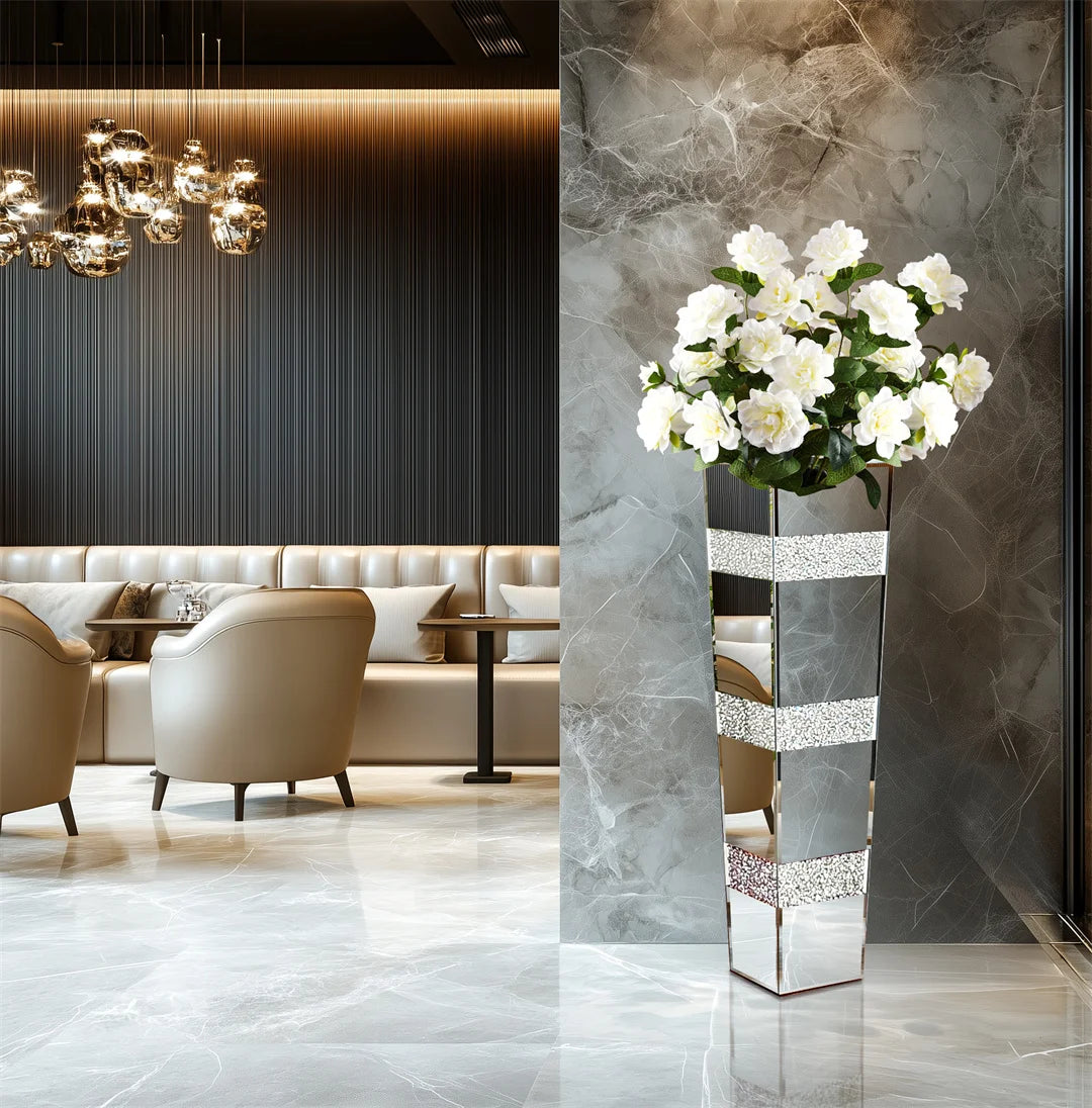 Modern Floor Crystal Glass Mirrored Flower Vase Decorative Standing