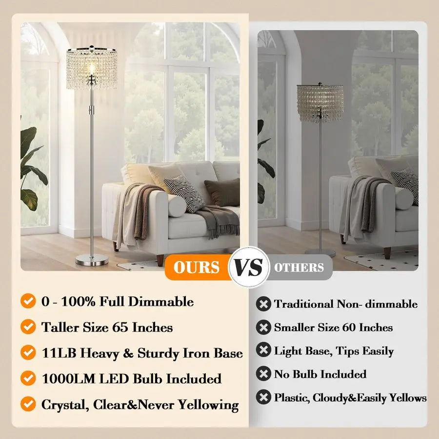 Dimmable Crystal Floor Lamp For Living Room With Knob Switch