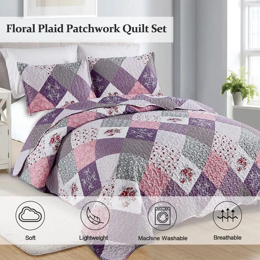 Floral Patchwork Quilt Set Reversible Microfiber Bedding for Bedroom
