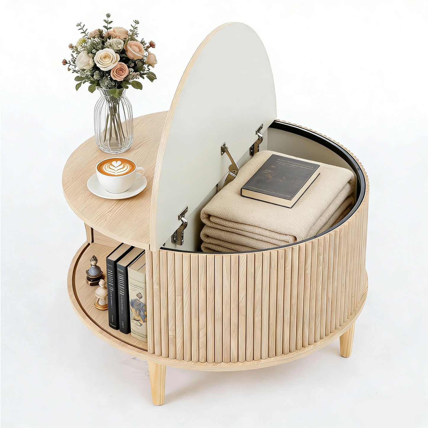 JHK Round Coffee Table With Flip Top Storage Sturdy Wood