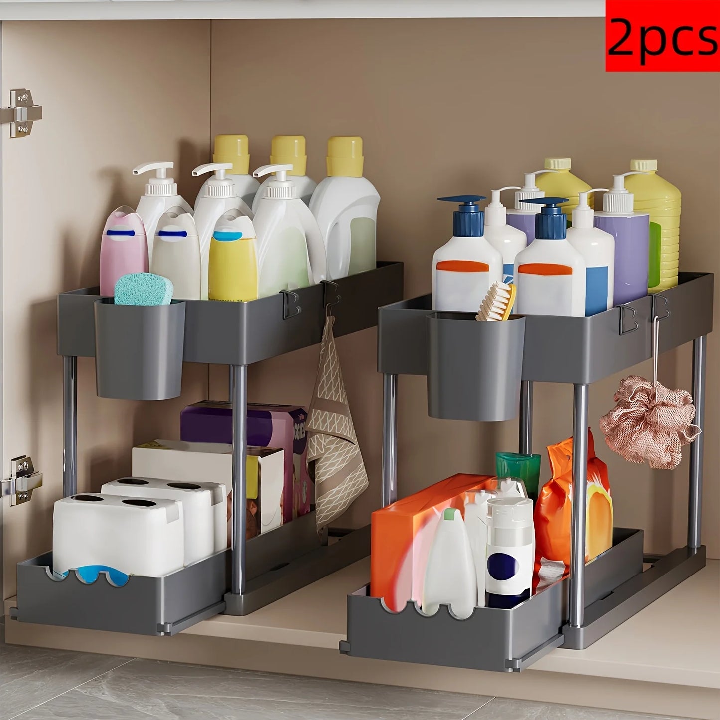Two Tier Sliding Cabinet Organizer for Kitchen and Bathroom