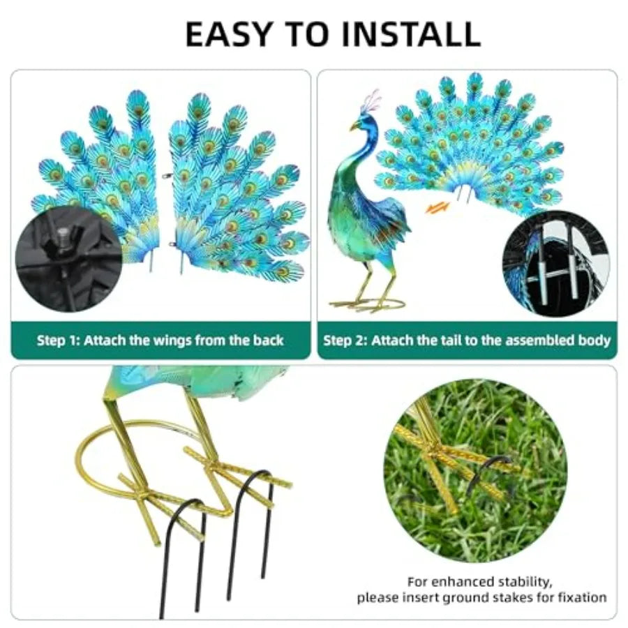 Metal Peacock Garden Statue With Tail Spread Handmade 3D Textured