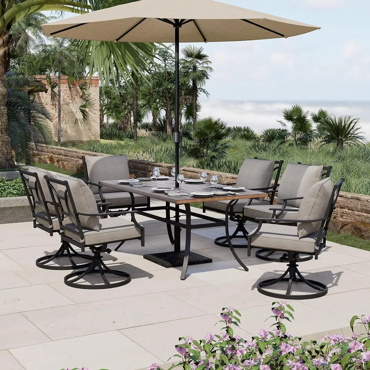 Grand Patio Outdoor Dining Set With Swivel Chairs And Cushions