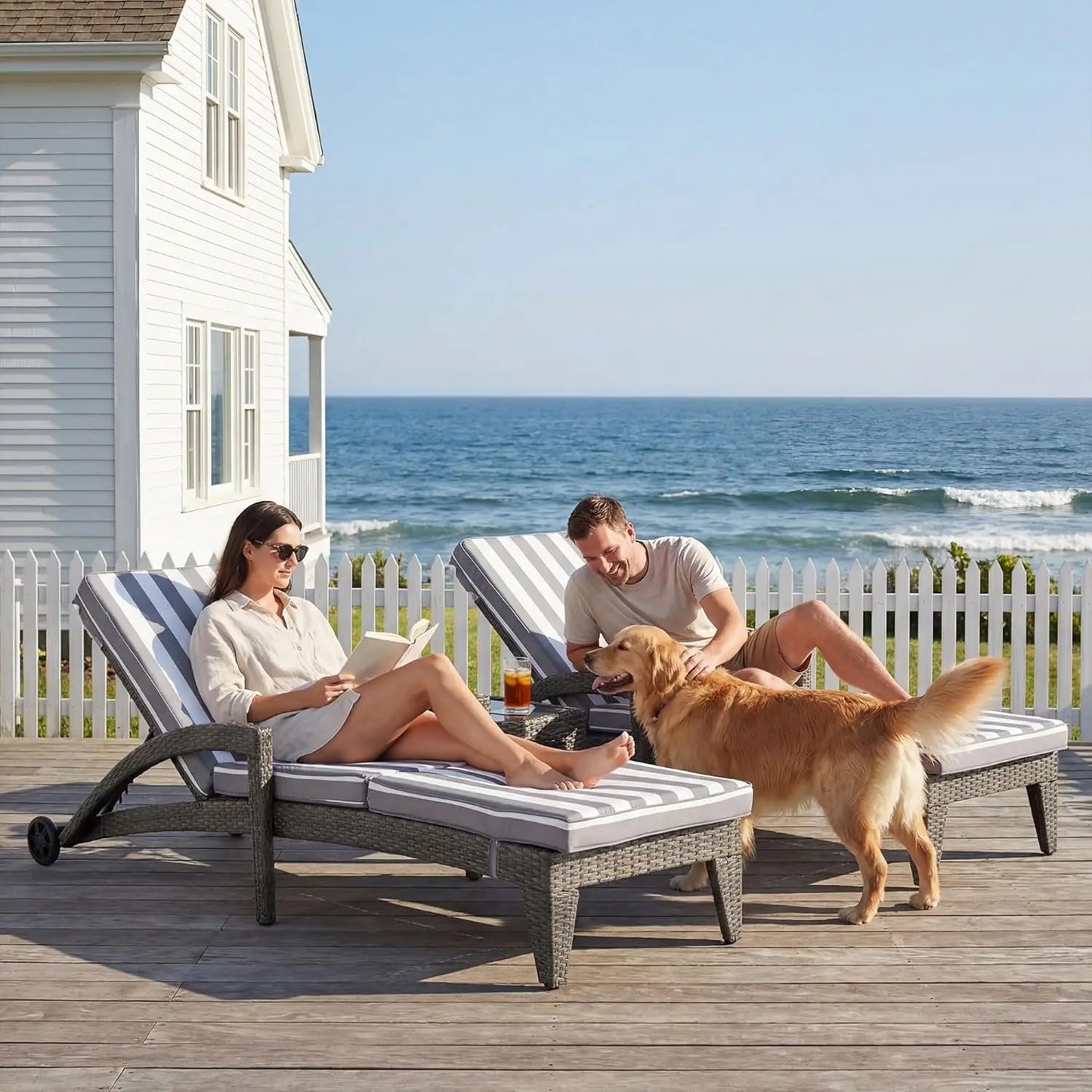 Four Position Adjustable Chaise Lounge Set With Wicker Chairs
