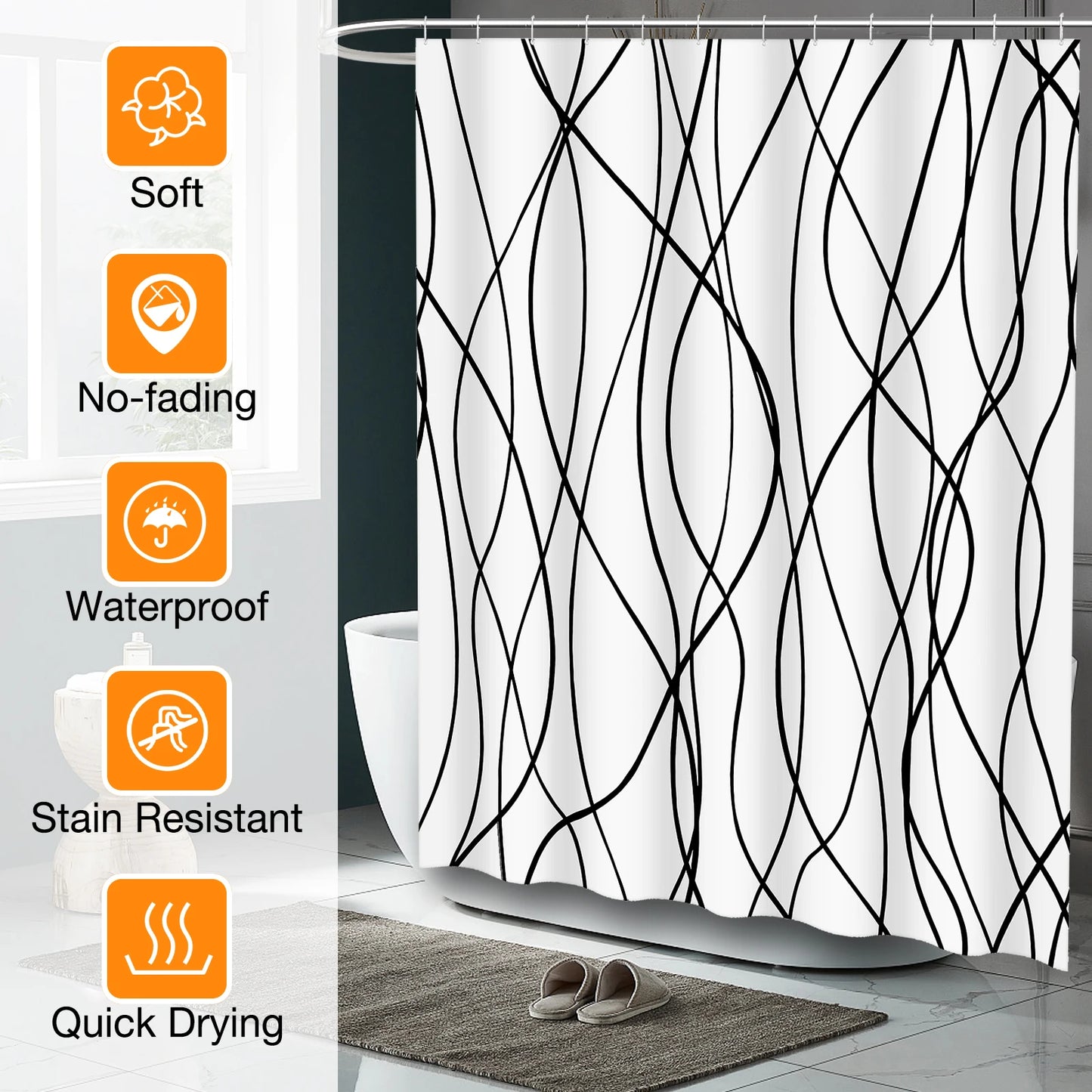 Striped Wavy Shower Curtain - Waterproof Polyester Minimalist Decor