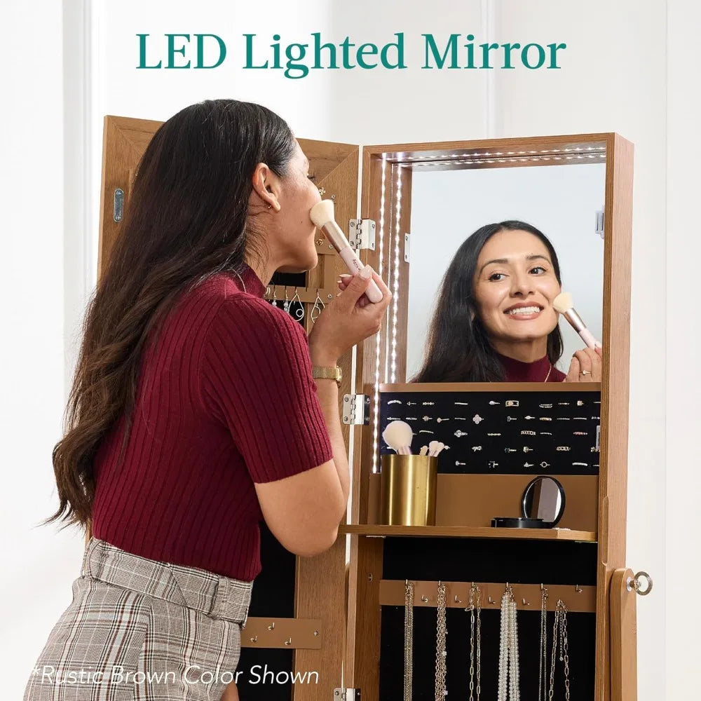 360 Swivel Mirrored Jewelry Cabinet Armoire With LED Mirror