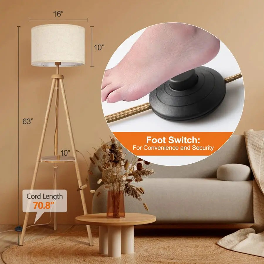 Wood Tripod Floor Lamp With Shelves Remote Control LED