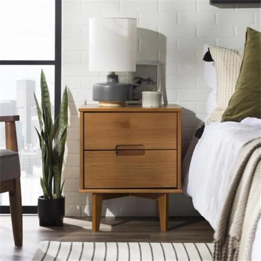OLOEY Mid Century Modern Wood Nightstand With Grooved Handle Drawers