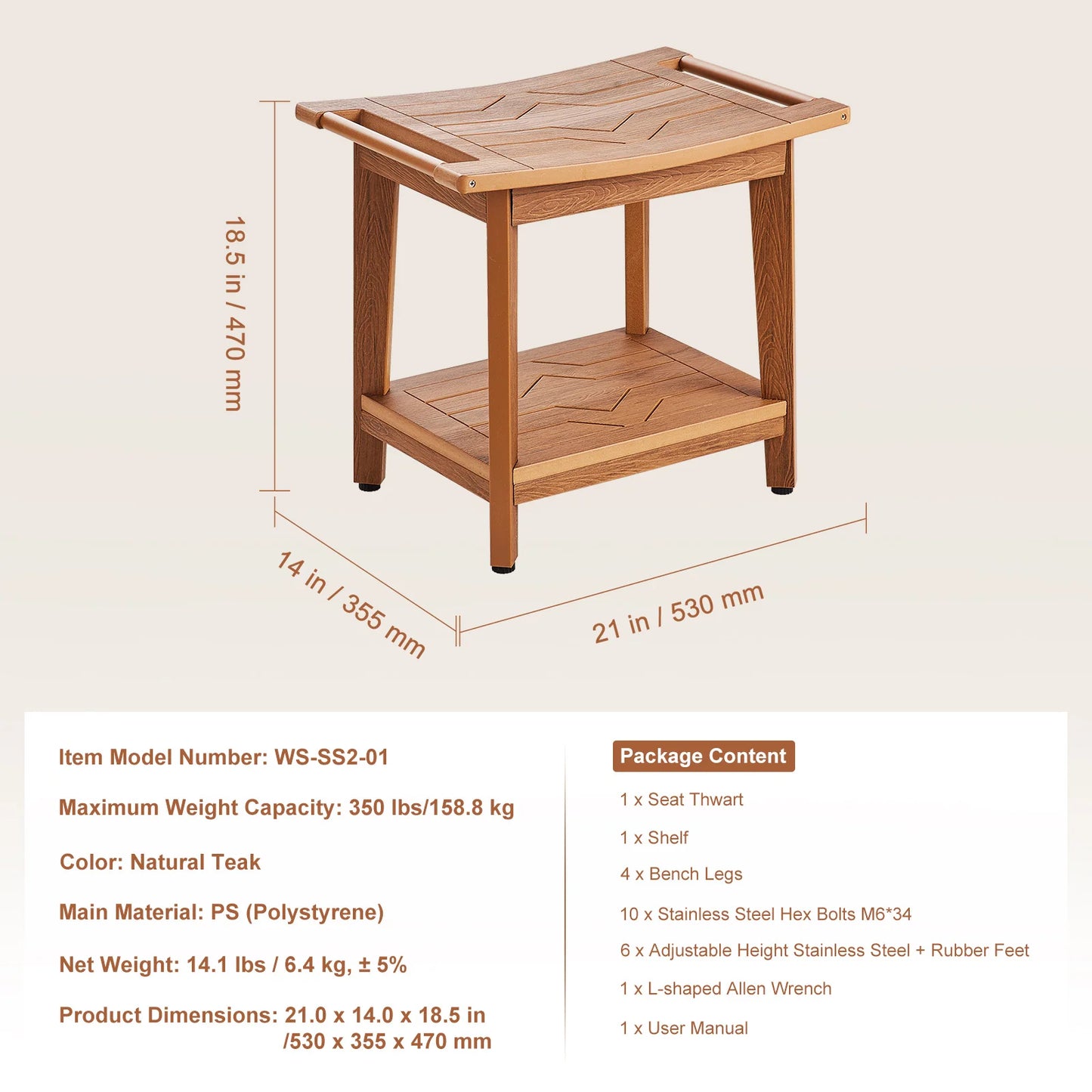 SucceBuy Bamboo Shower Bench With Storage Shelf 330lbs Capacity