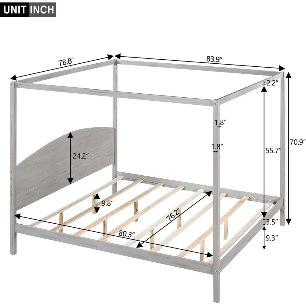 Wood Canopy Bed With Solid Headboard And Four Poster Posts