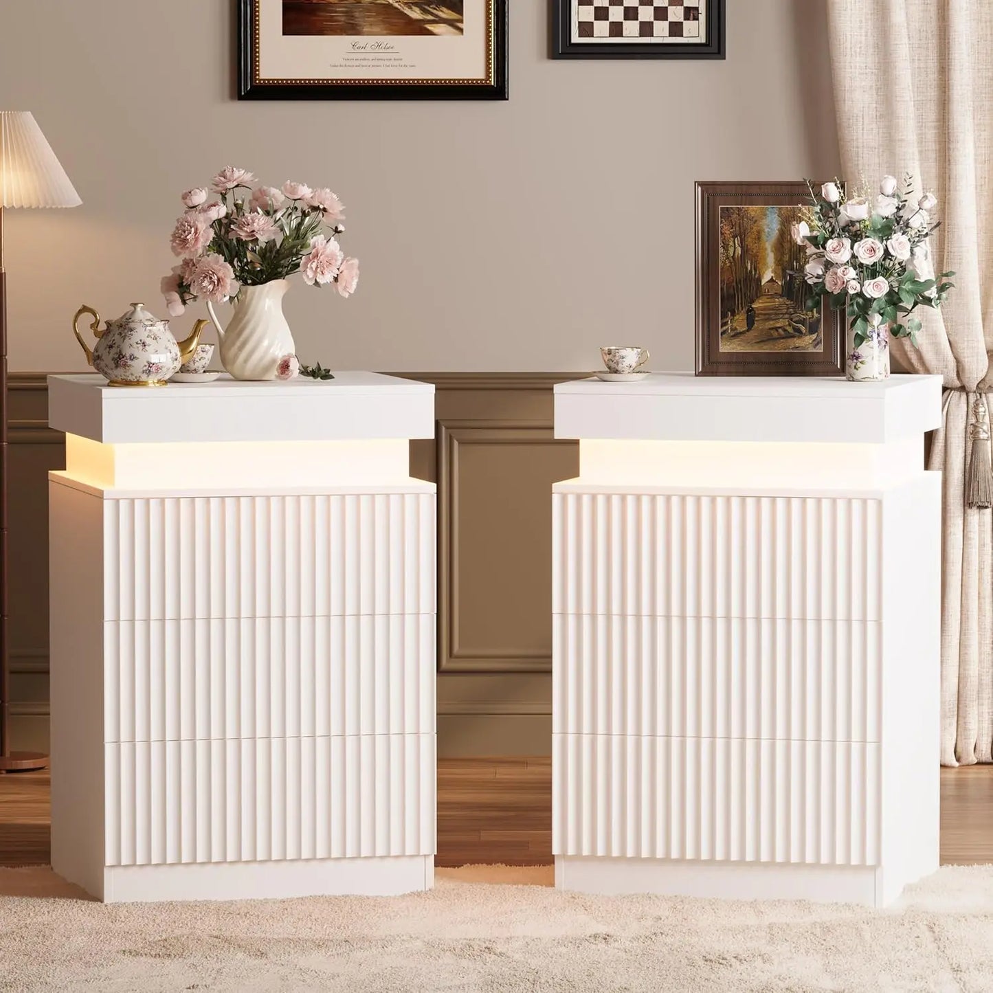 Nightstands 2-Pack with LED Charging Station, Mid Century Modern
