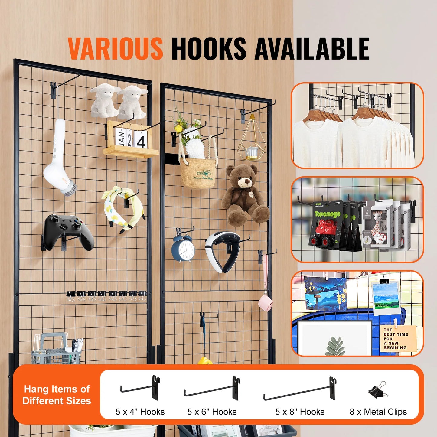 SucceBuy Double Sided Grid Wall Panels Display Racks With Hooks