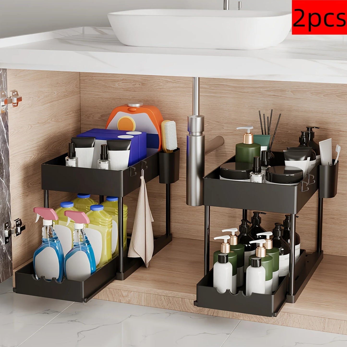 Two Tier Sliding Cabinet Organizer for Kitchen and Bathroom