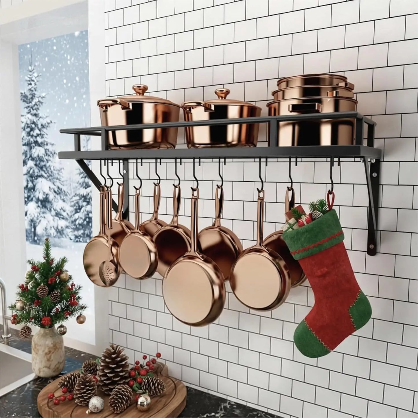 Wall Mounted Kitchen Pan Rack With Hooks Space Saving Organizer