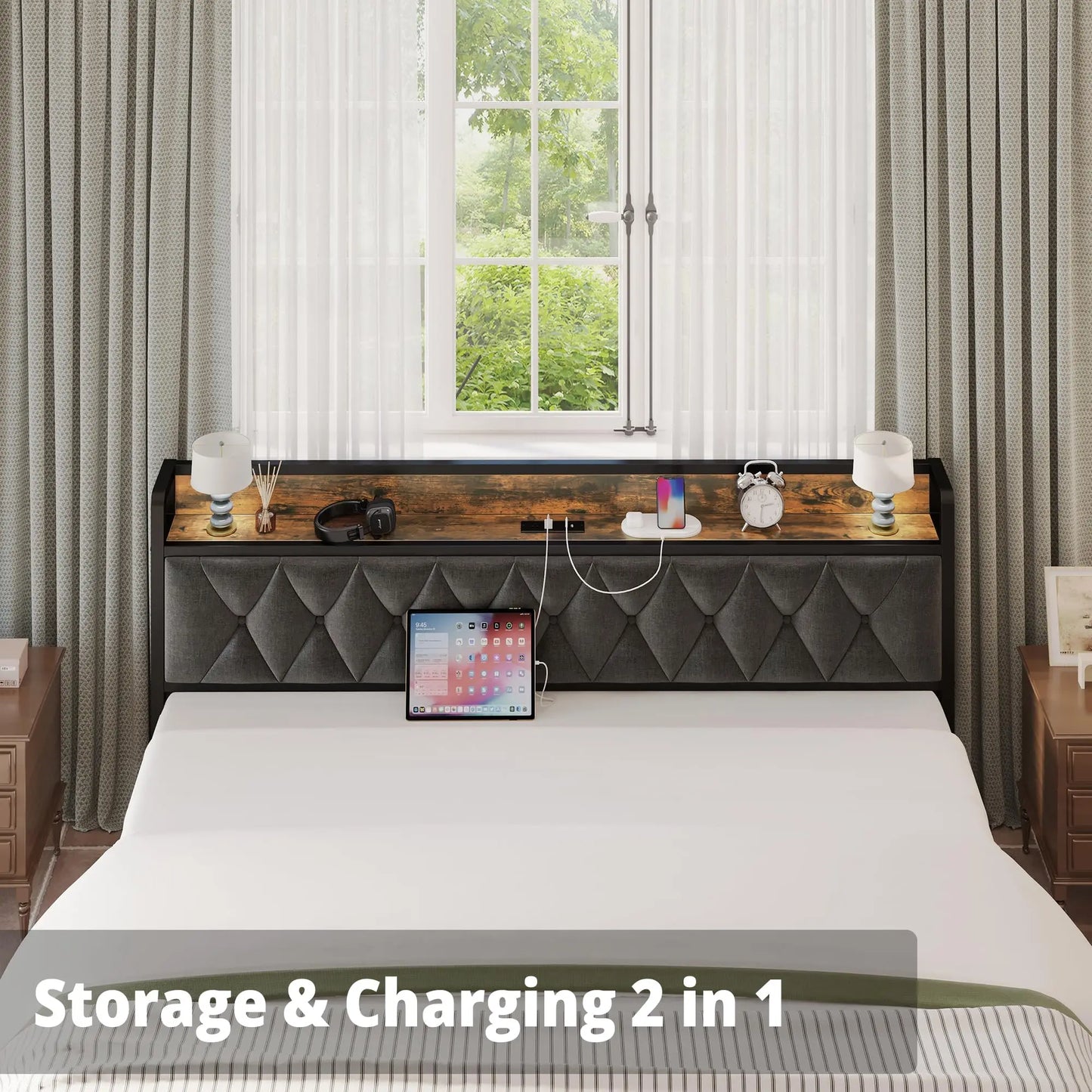 Anctor Storage Headboard Bed Frame With Outlets Noiseless