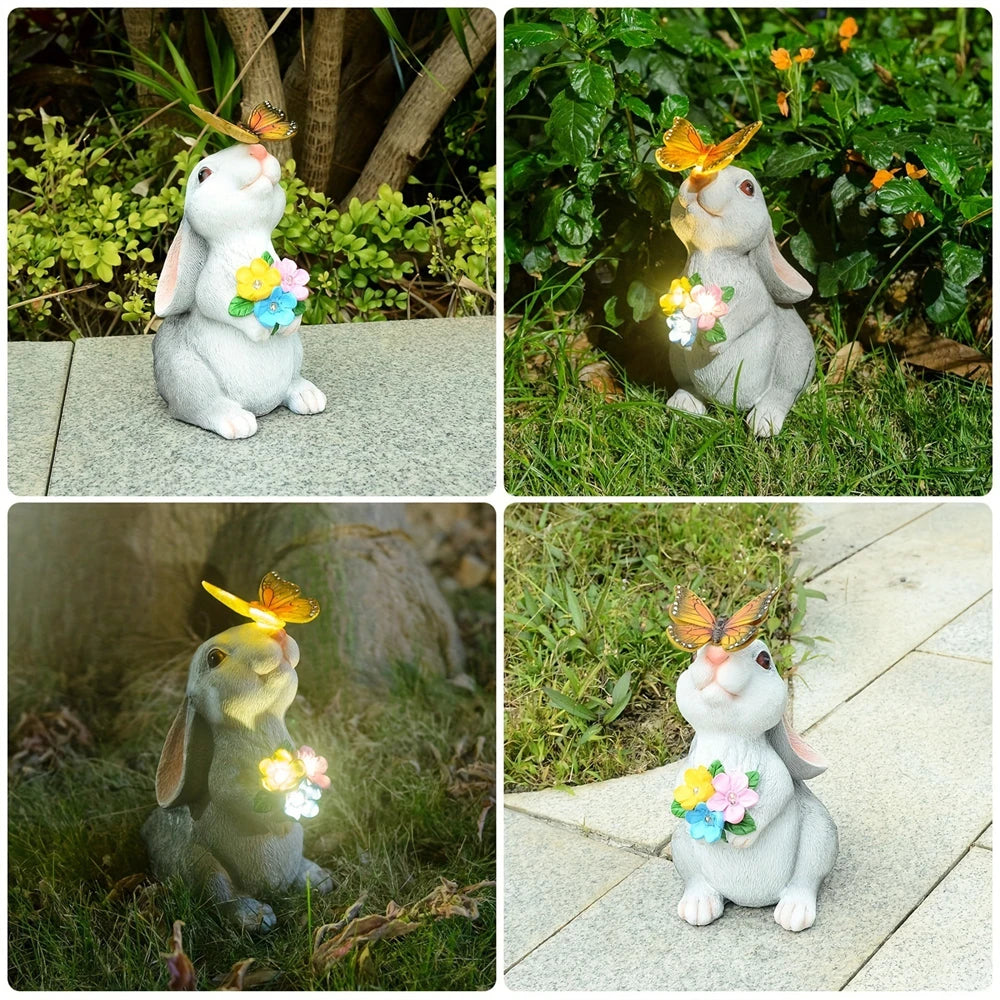 Solar Bunny Statue Garden Decor With Butterfly LED Light