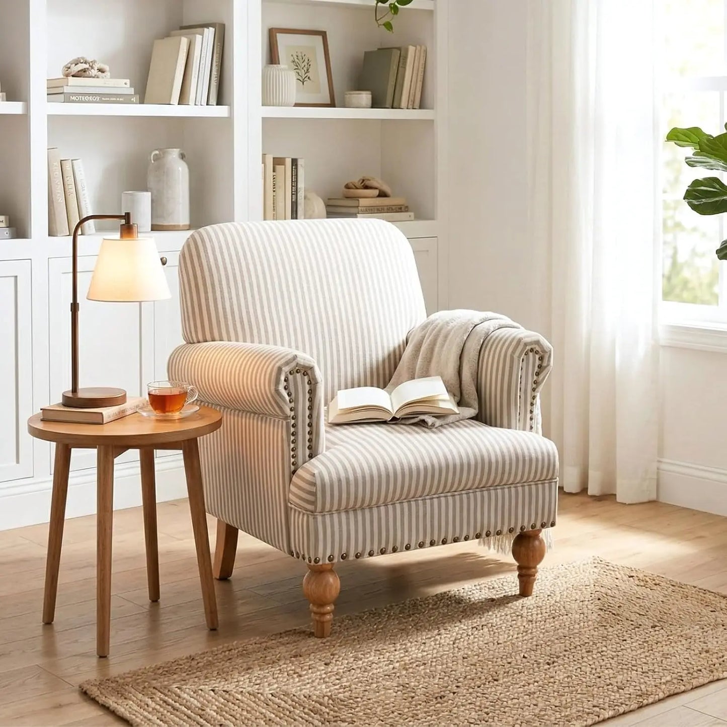 Striped Linen Accent Chairs Set of 2 Modern Farmhouse Upholstered Armchairs