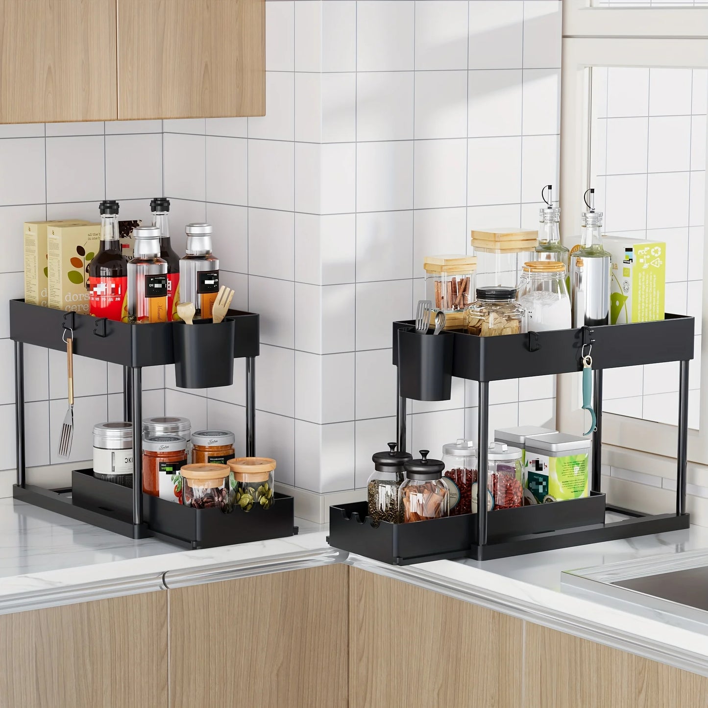 Two Tier Sliding Cabinet Organizer for Kitchen and Bathroom