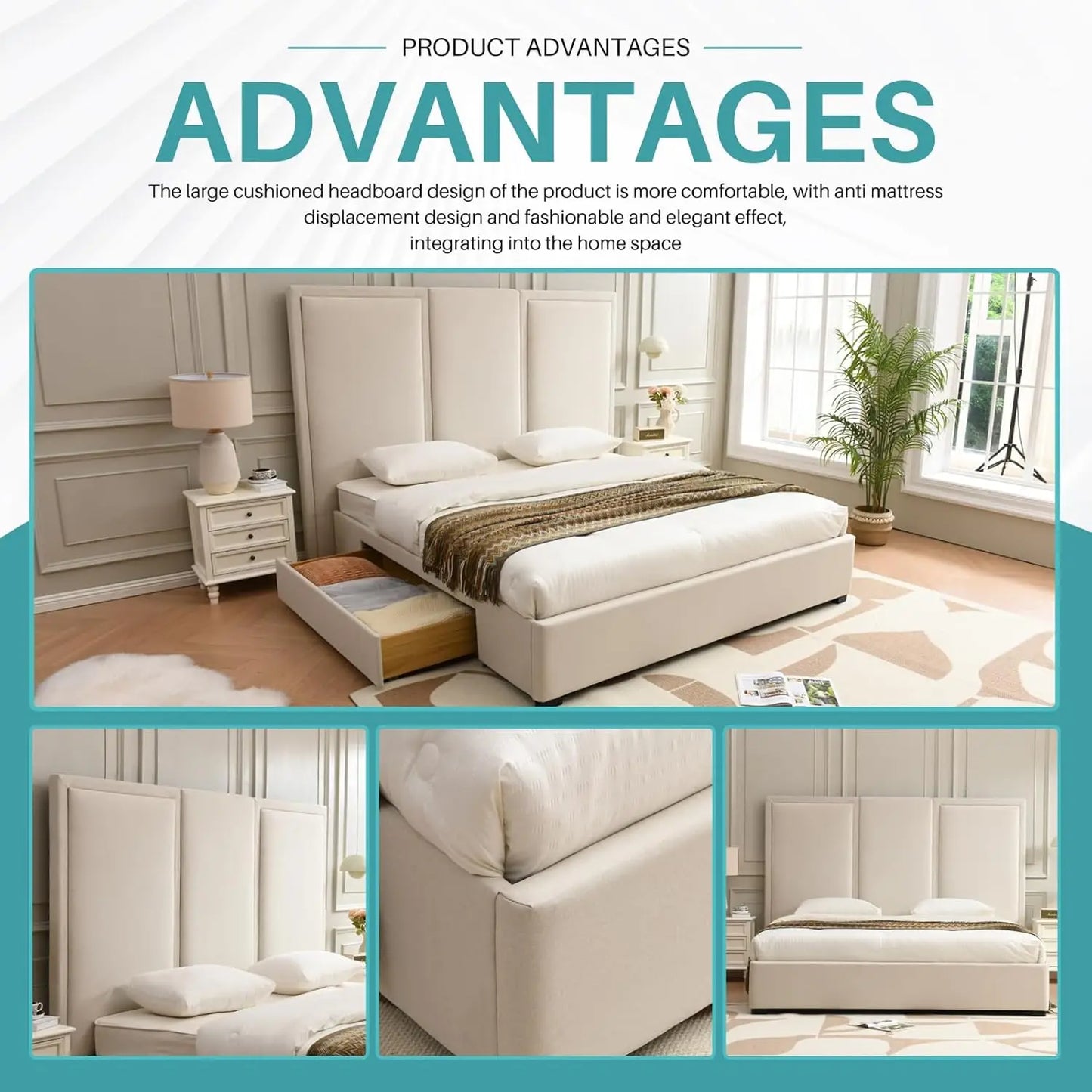Upholstered Platform Bed With Tall Headboard And Wood Slats
