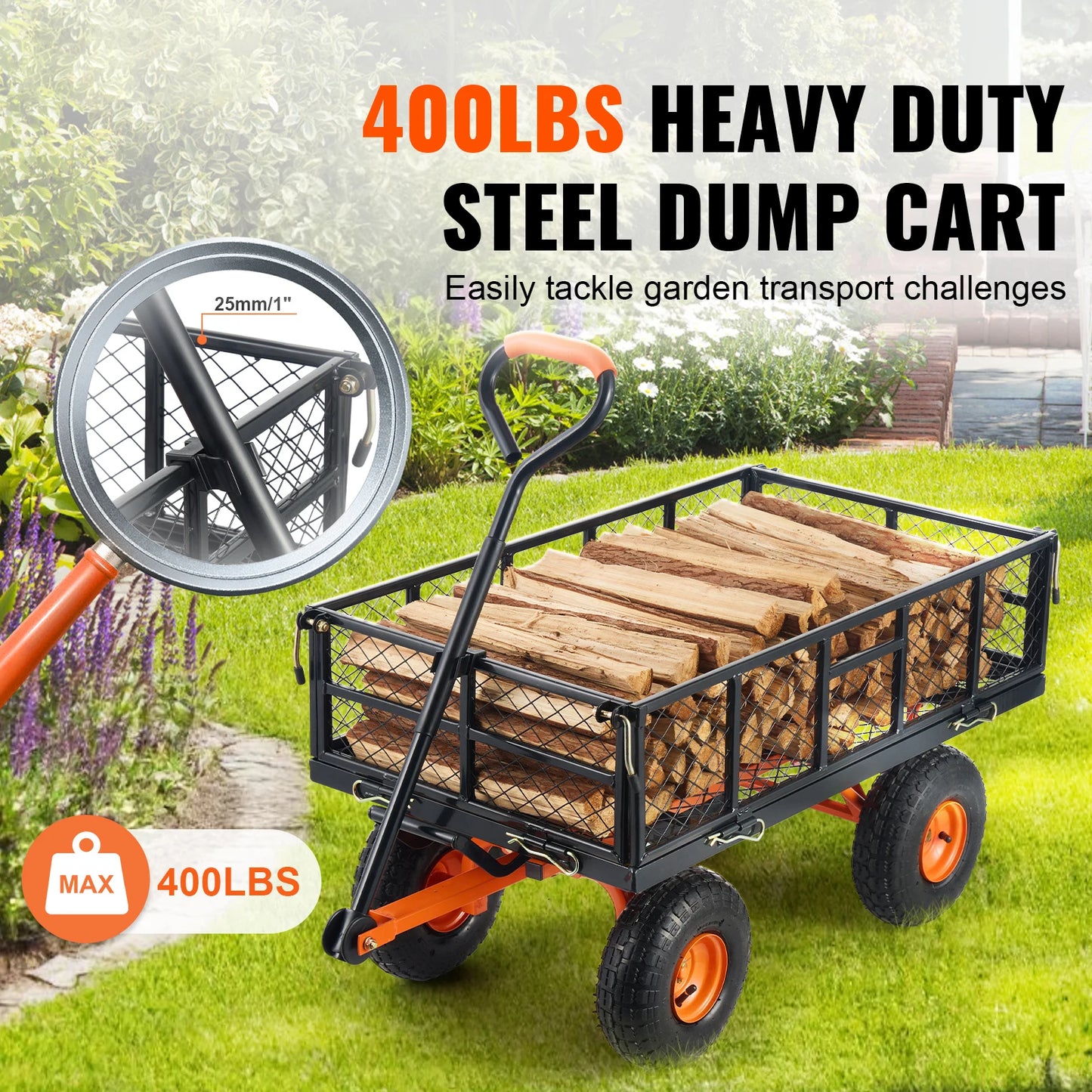 SucceBuy Garden Cart Sturdy Metal Utility Wagon Wheelbarrow