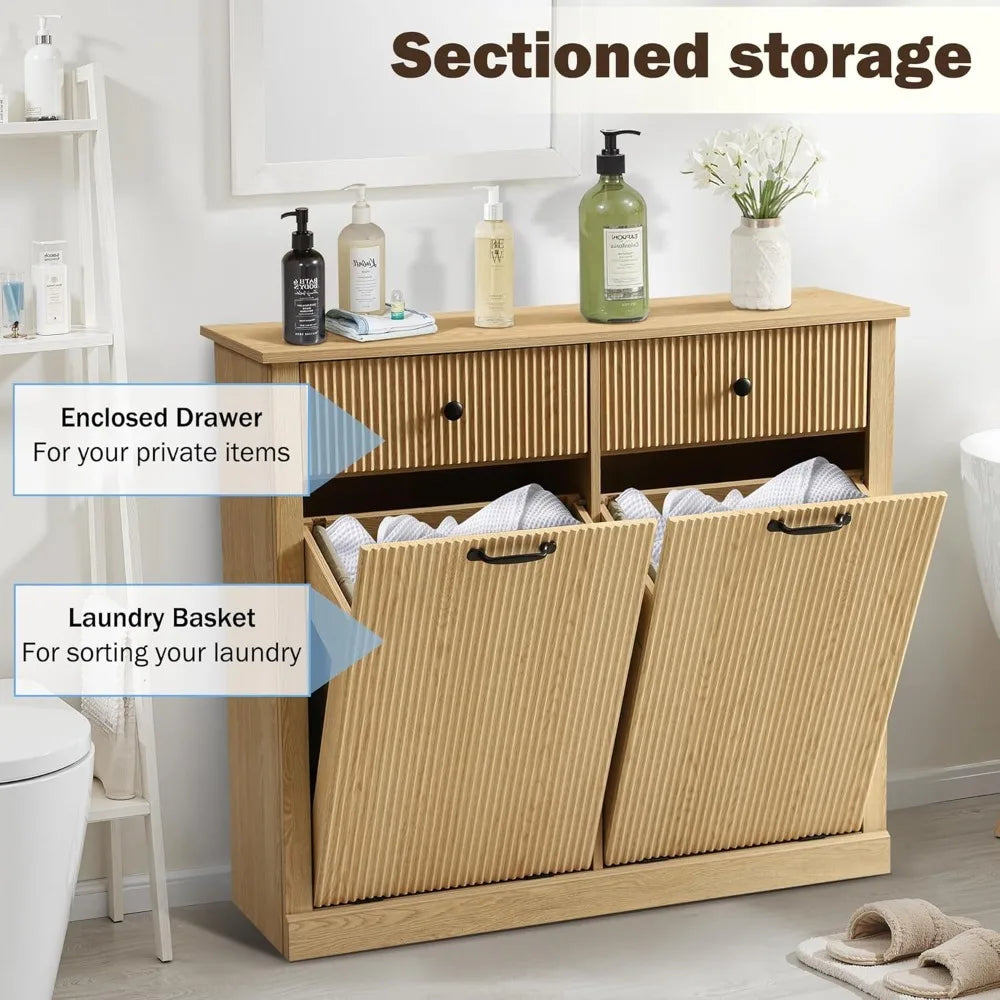 Double Tilt Out Laundry Basket Cabinet With Drawer