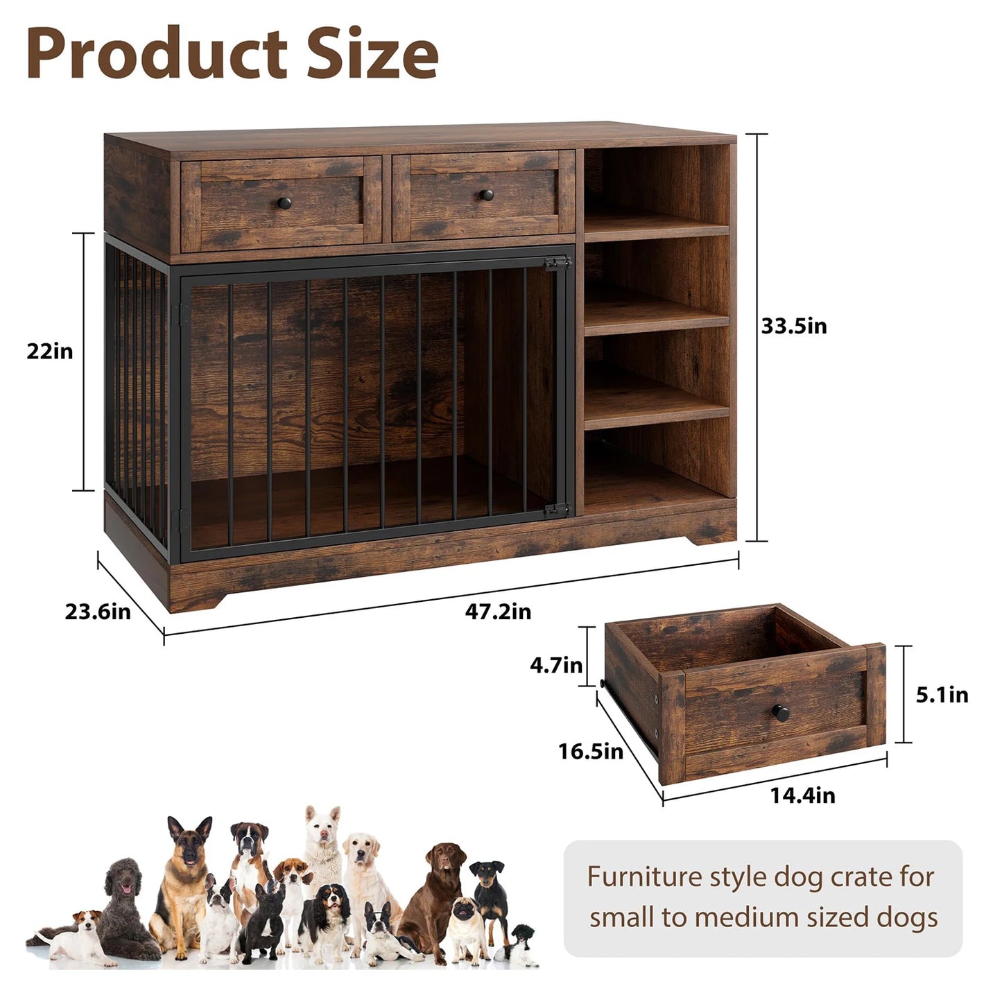 HiMISS Dog Crate Furniture TV Stand With Drawers And Shelves